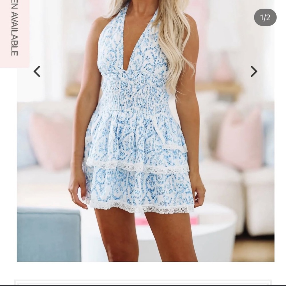 Blue and White Lace Mini Dress